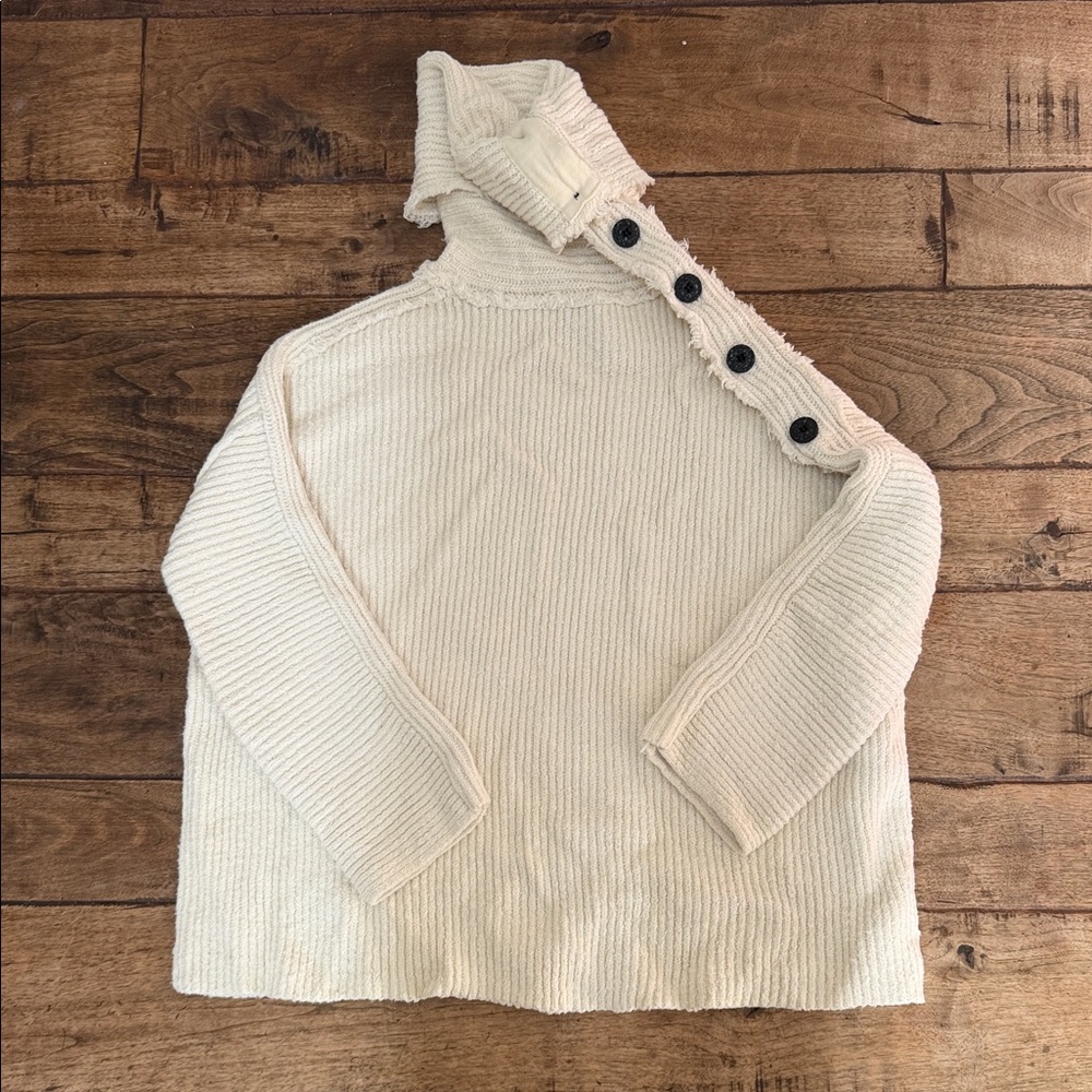 Free PeopleCream Ribbed Turtleneck Sweater with Button Detail